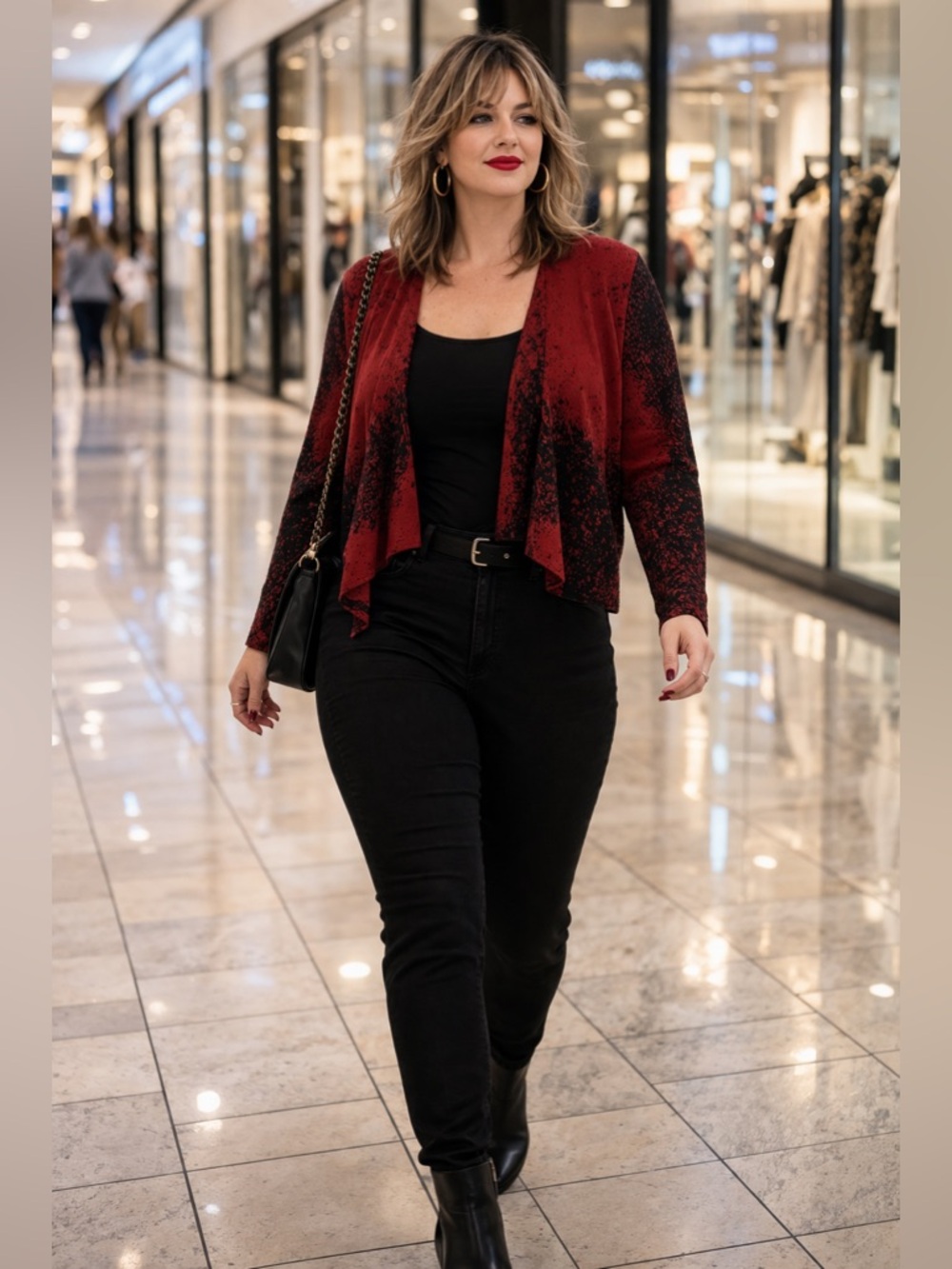 Kasper Red and Black Cardigan Sweater, Waterfall Style